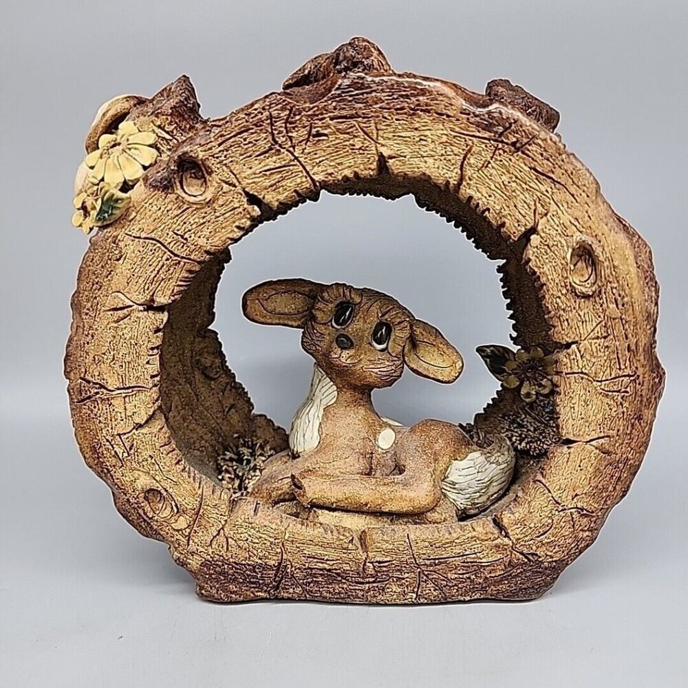 Woodlands Big Eye Deer In Mushroom Log Figurine 7 In tall x 8 across Resin